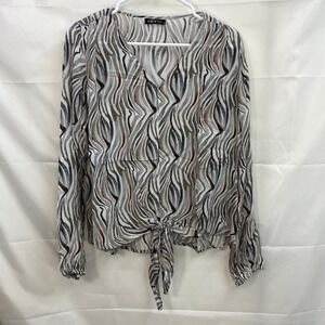 APNY women's neutral zebra line‎ print lightweight tie front v-neck blouse small